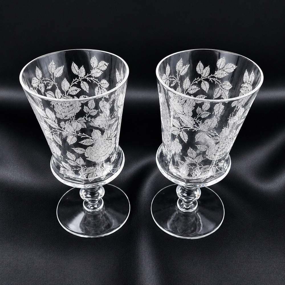 Tiffin Franciscan Etched Rose TIF13 Footed Juice Tumbler Set of 2 Stem Clear